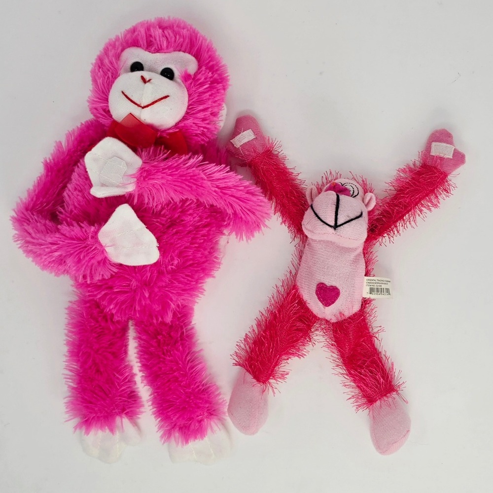 Long Arm Monkey Plush Set 2 Pink 13in 8in Hanging Heart Good
